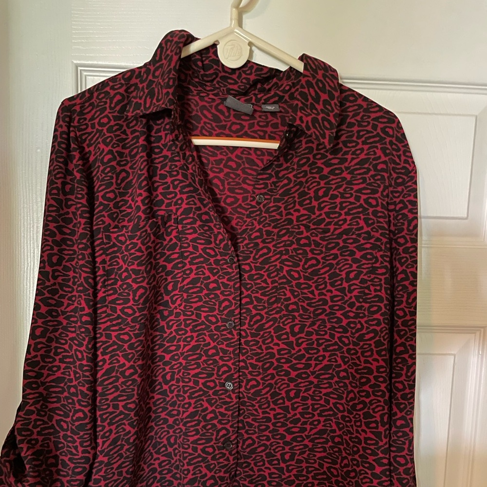 Red leopard button down blouse